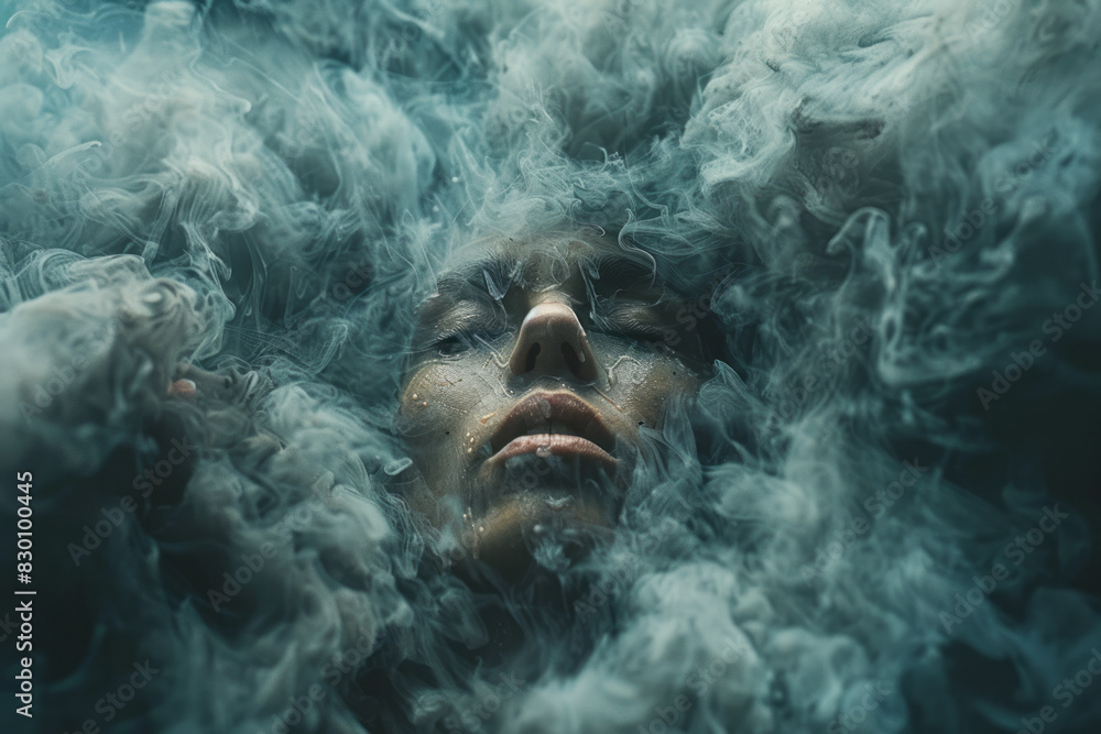 Poster scene of a person surrounded by dense, dark clouds, their face contorted in a dazed expression,