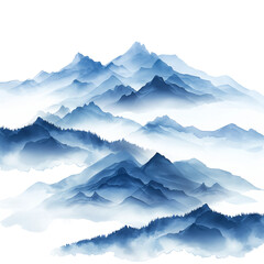 Foggy mountains hand drawn in watercolor style isolated on transparent background.