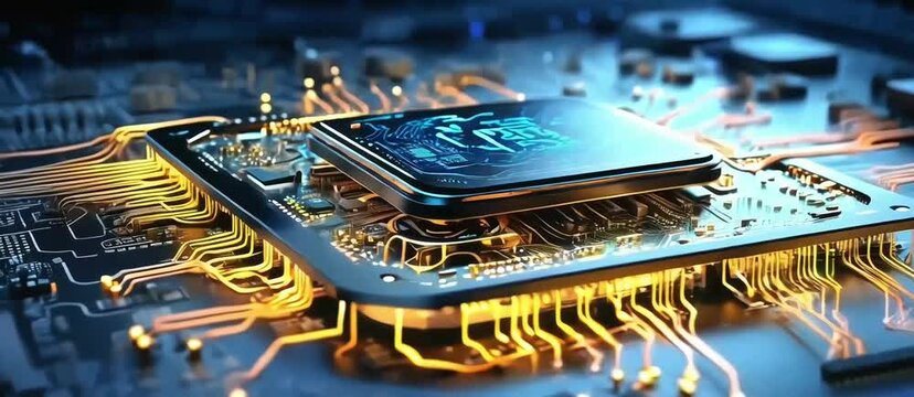 closeup view of  Glowing Motherboard CPU Technology