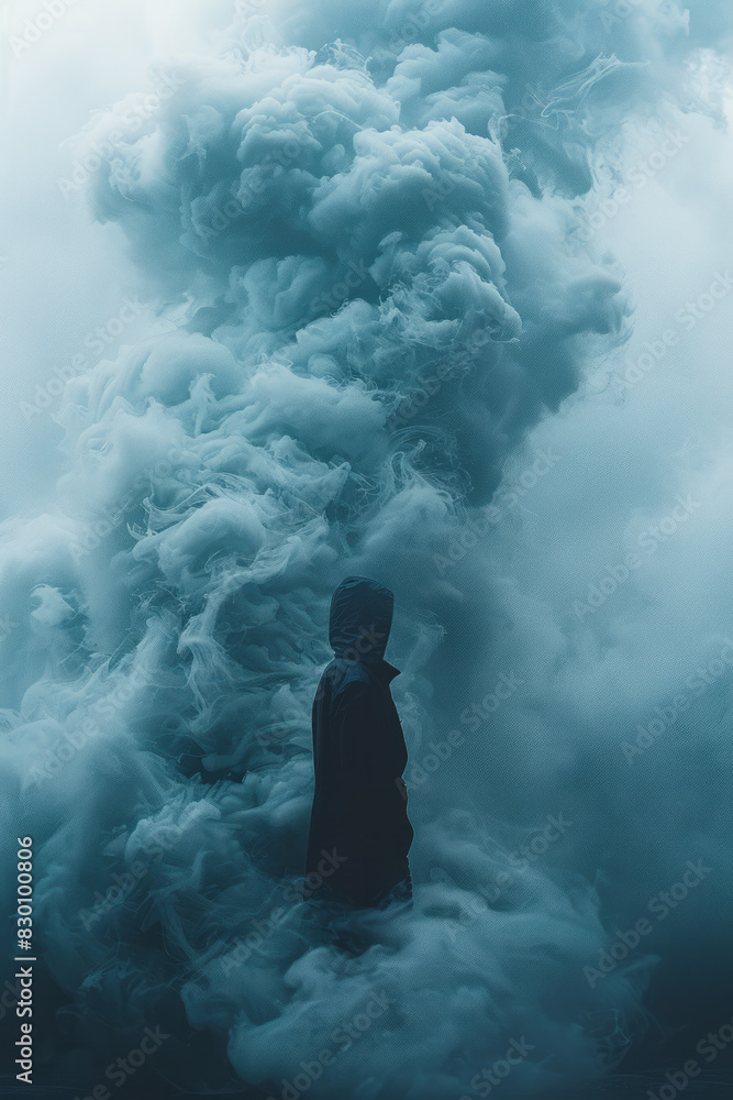 Poster illustration of a person trying to push away dark clouds that surround them, symbolizing the struggl