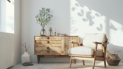 Scandinavianinspired living space with a comfortable armchair and sleek cabinet neutral tones bright and airy