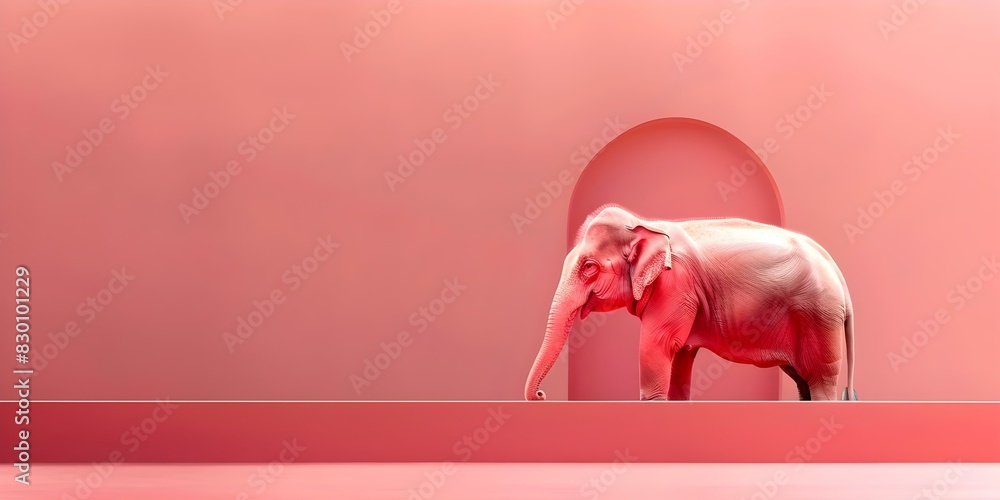 Poster one pink elephant in a colorful monochromatic pink setting with copy space and selective focus. conc
