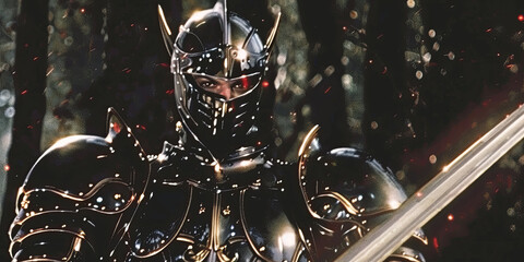Fototapeta premium Armored Knight in Shining Silver Mail with Broadsword Avatar Character Gen AI