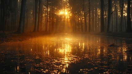 A forest with a stream of water and a sun shining through the trees