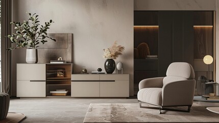 Contemporary interior with a plush armchair and sleek cabinet soft pastel colors modern design ambient lighting