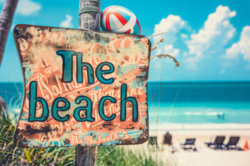 A vibrant summer card with paradise beach, sun loungers and "The beach" sign on the foreground