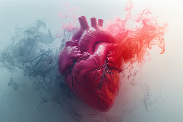 Illustration of a vibrant heart in bright red and pink tones, with the lower half gradually fading into gray and black, symbolizing deteriorating heart health,