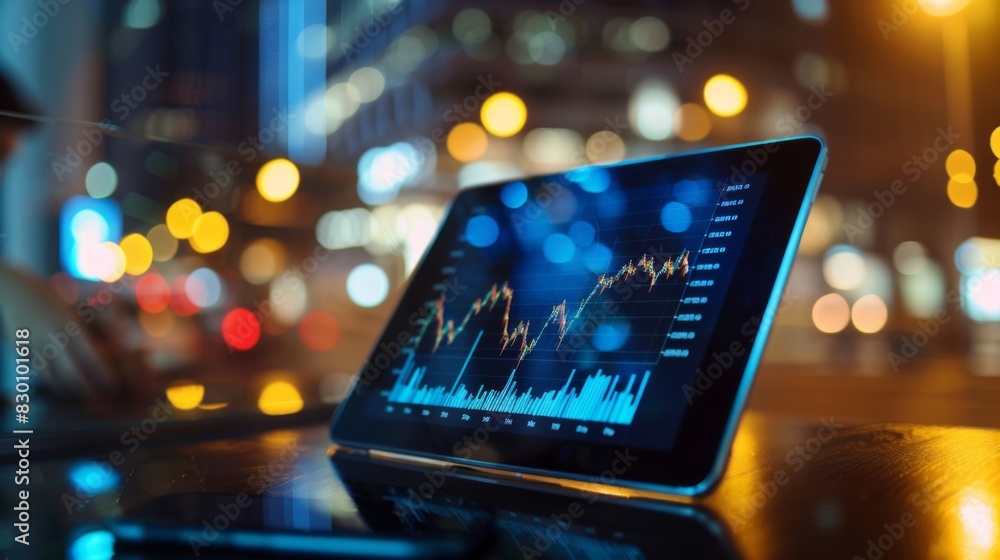 Aufkleber a digital tablet displaying a stock market graph with fluctuating trends, depicting the dynamic natu