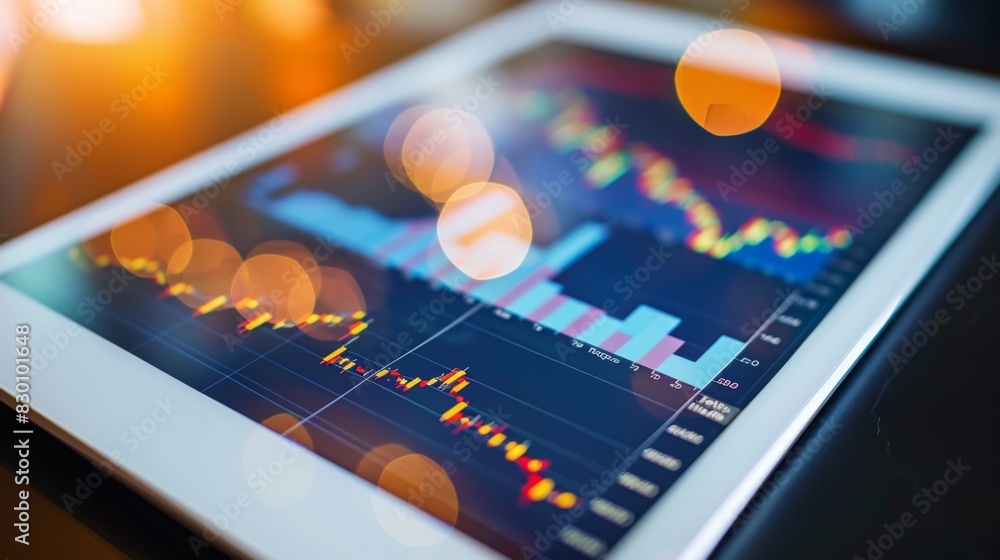Poster A digital tablet displaying a stock market graph with fluctuating trends, depicting the dynamic nature of financial markets.