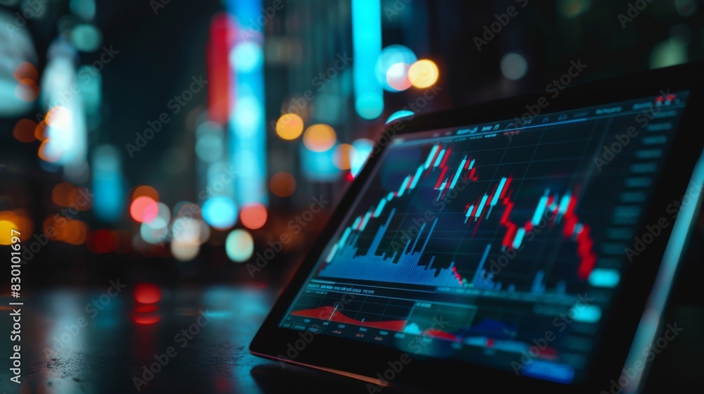 Poster a digital tablet displaying candlestick charts and technical indicators, used by traders for analyzi