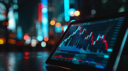 Obraz premium A digital tablet displaying candlestick charts and technical indicators, used by traders for analyzing stock market trends.