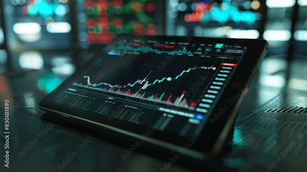 Poster a digital tablet displaying candlestick charts and technical indicators, used by traders for analyzi