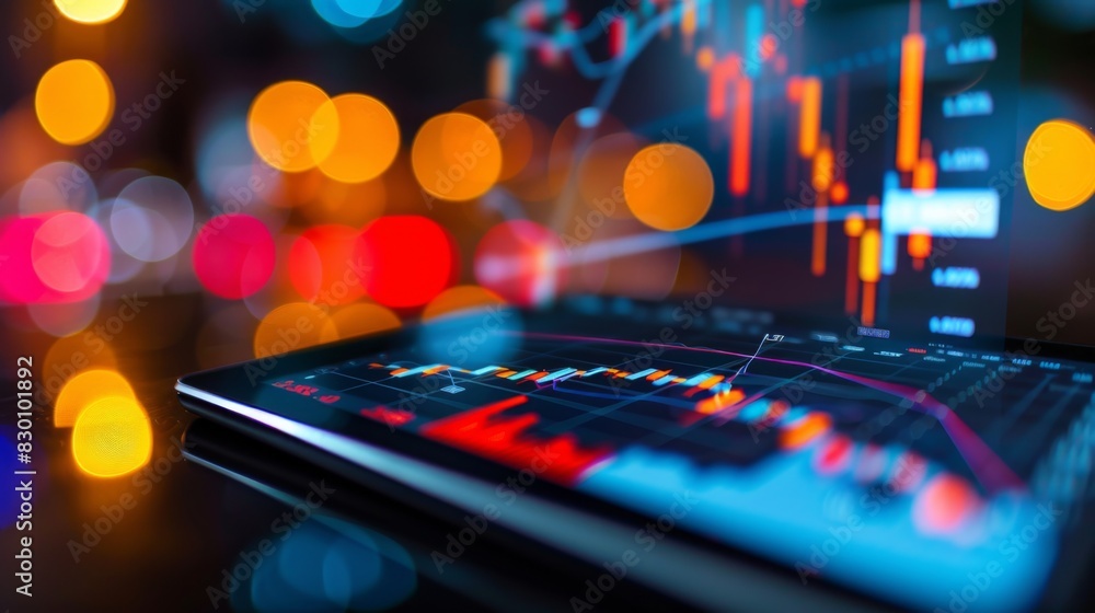 Poster a digital tablet displaying candlestick charts and technical indicators, used by traders for analyzi