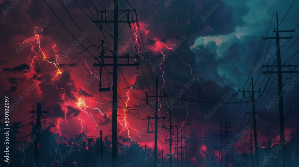 Poster a dramatic lightning storm illuminating the night sky behind rows of power lines and utility poles, 
