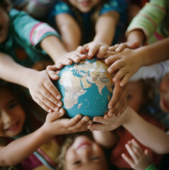 Close-up of a group of small children happily holding a globe, to represent togetherness