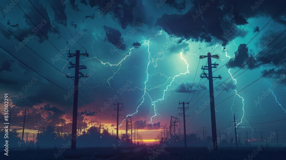 Poster a dramatic lightning storm illuminating the night sky behind rows of power lines and utility poles, 