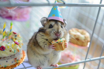 
A hamster is wearing a party hat and eating a piece of cake. The scene is festive and joyful, with the hamster being the center of attention