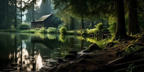Retaining the Essence: A Lake in the Forest with a Forgotten Cabin. Concept Nature, Memories, Tranquility, Abandonment, Serenity