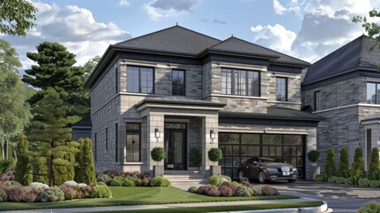 a newly-built home exuding luxury, boasting modern aesthetics, ample space, and the convenience of a two-car garage.