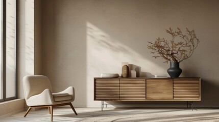 Scandinavianinspired room with a comfortable armchair and wooden sideboard neutral colors natural textures bright and airy