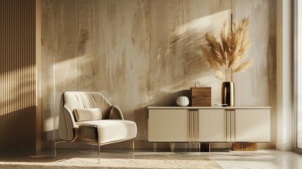 Elegant living space featuring a plush armchair and sleek sideboard minimalist decor neutral colors inviting atmosphere