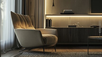 Contemporary living space featuring a vintage armchair and modern sideboard neutral tones cozy and welcoming atmosphere
