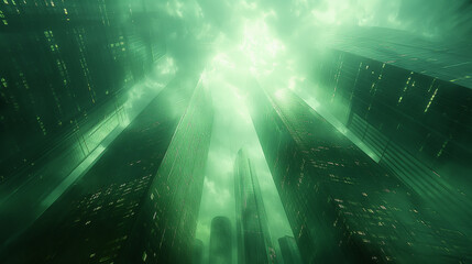 Obraz premium A cityscape with tall buildings and a green sky