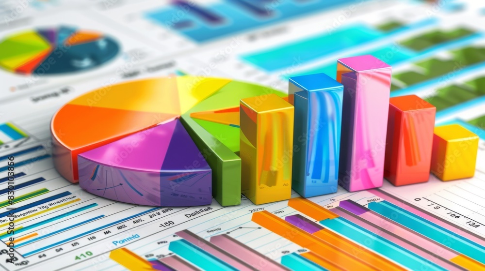 Poster a financial report with colorful pie charts and bar graphs, summarizing key metrics and performance 