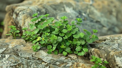 Creeping woodsorrel known as Jarri Botti in Urdu and Hindi set against a natural rock backdrop