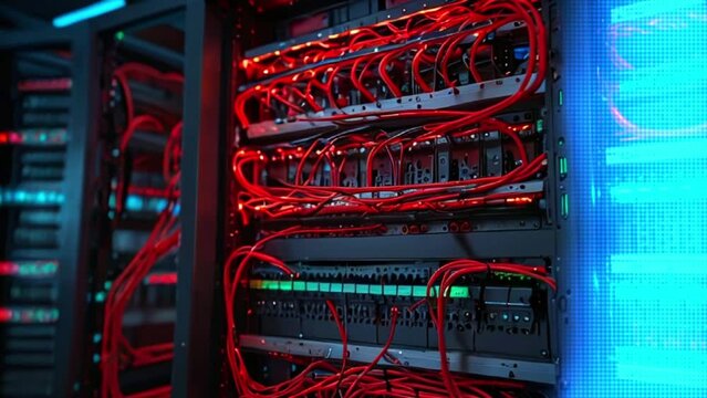 Within the server room, modem connections with fiber optic cables and routers enable internet communications.