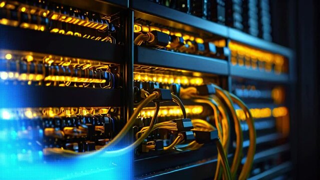 The server room houses network hardware and telecommunication technologies, including modems with fiber optic cables and routers.