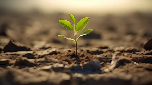 Sprout growing from crack on dry ground. The concept of World Day to Combat Desertification and Drought