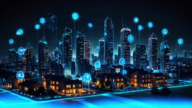 5G network wireless systems and internet of things with modern city skyline