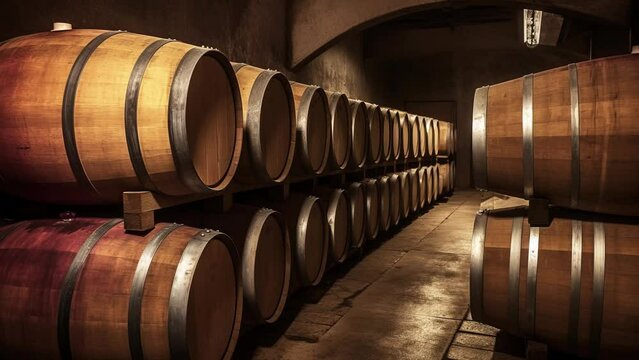 Slow motion wine cellar with wooden barrels of old wine. Distillery production warehouse.