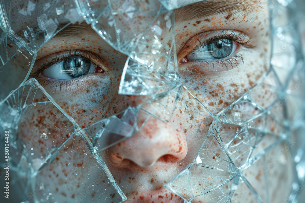 Poster artistic rendering of a person surrounded by broken mirrors, each reflecting a fragmented and distor