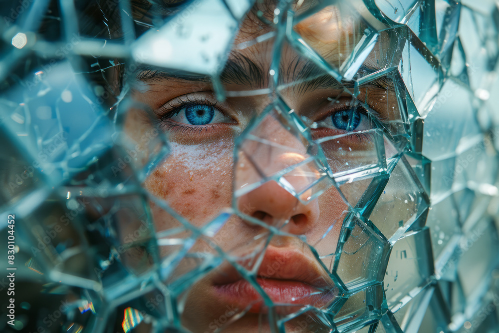 Aufkleber artistic rendering of a person surrounded by broken mirrors, each reflecting a fragmented and distor