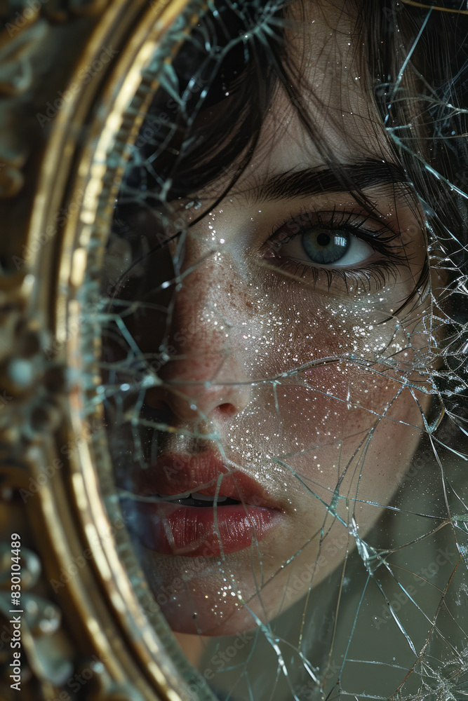 Poster scene of a person looking into a mirror with a spiderweb-like crack, their reflection appearing frac