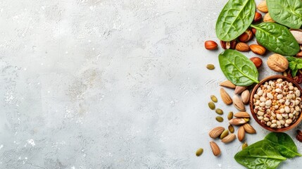 healthy ingredients such as brown algae, spinach, nuts, pumpkin seeds, and beans elegantly arranged on a pristine white background.