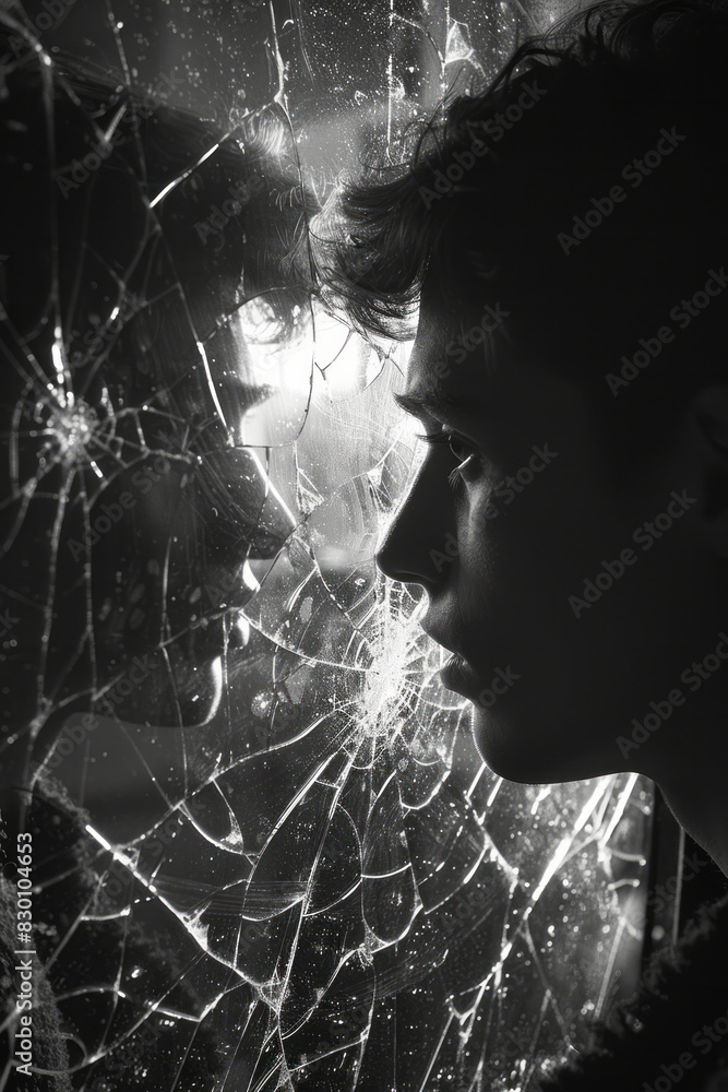 Poster scene of a person looking into a mirror with a spiderweb-like crack, their reflection appearing frac