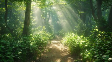 Fototapeta premium Serene nature path. Sunlight filters through the leaves of a dense forest, creating a cathedral-like atmosphere for a peaceful walk