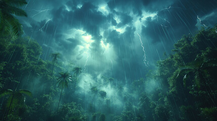 Fototapeta premium A stormy sky with rain pouring down on a lush green forest