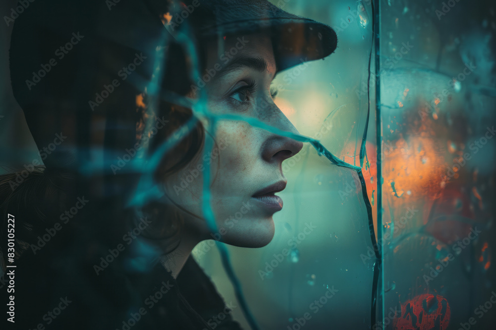 Aufkleber artistic rendering of a person's reflection in a mirror with a single, deep crack running through it