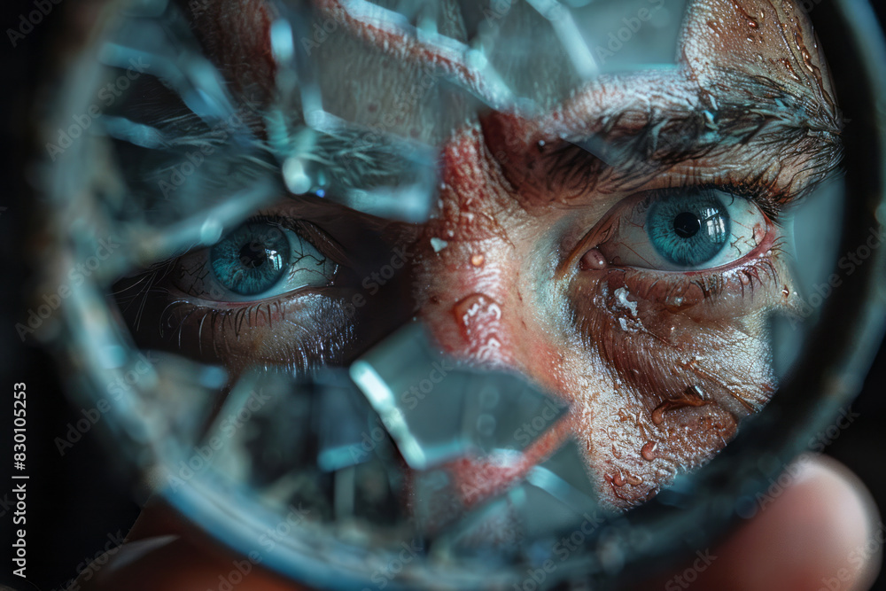 Aufkleber artistic rendering of a person's reflection in a mirror with a single, deep crack running through it