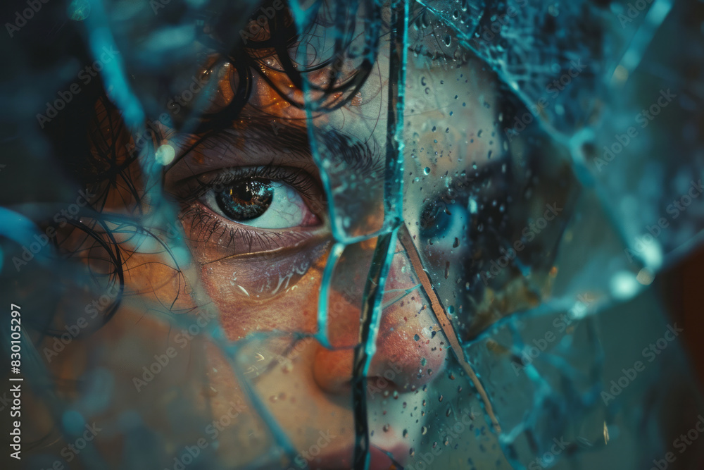 Poster scene of a person gazing into a cracked mirror, their reflection showing fragmented and overlapping 