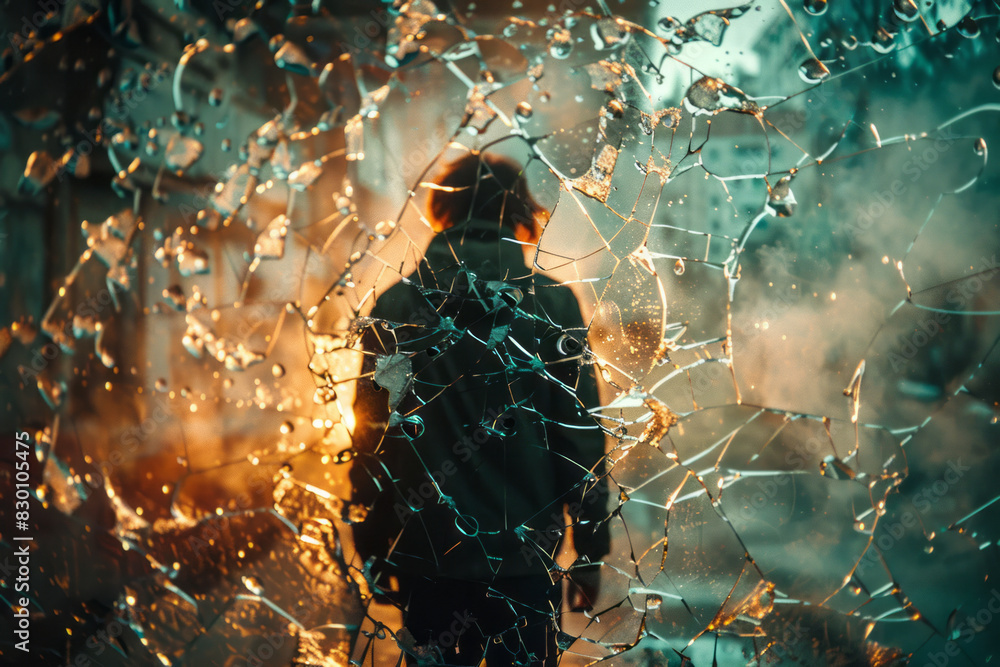 Poster image of a person standing in front of a mirror shattered into numerous small fragments, each piece 