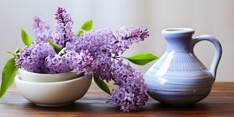 A lilac flower bunch next to a neti pot symbolizing nasal hygiene and relief from spring allergies. Concept Nasal Hygiene, Spring Allergies, Neti Pot, Lilac Flower, Health and Wellness