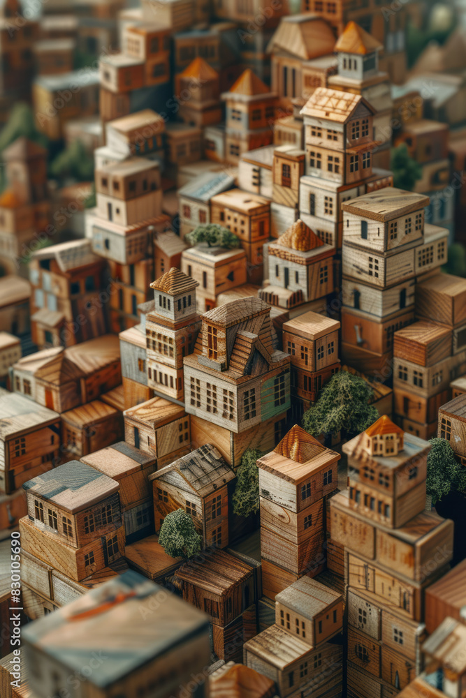 Poster artistic depiction of a city built entirely from wooden cubes, arranged in a grid pattern to represe