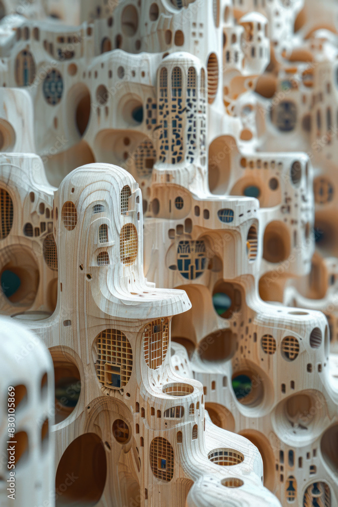 Poster image of a futuristic city made from sleek wooden blocks, with intricate patterns carved into each b