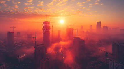 A city skyline with a red sun in the sky
