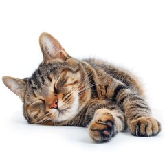 Cute Tabby Cat Sleeping Peacefully On White Background